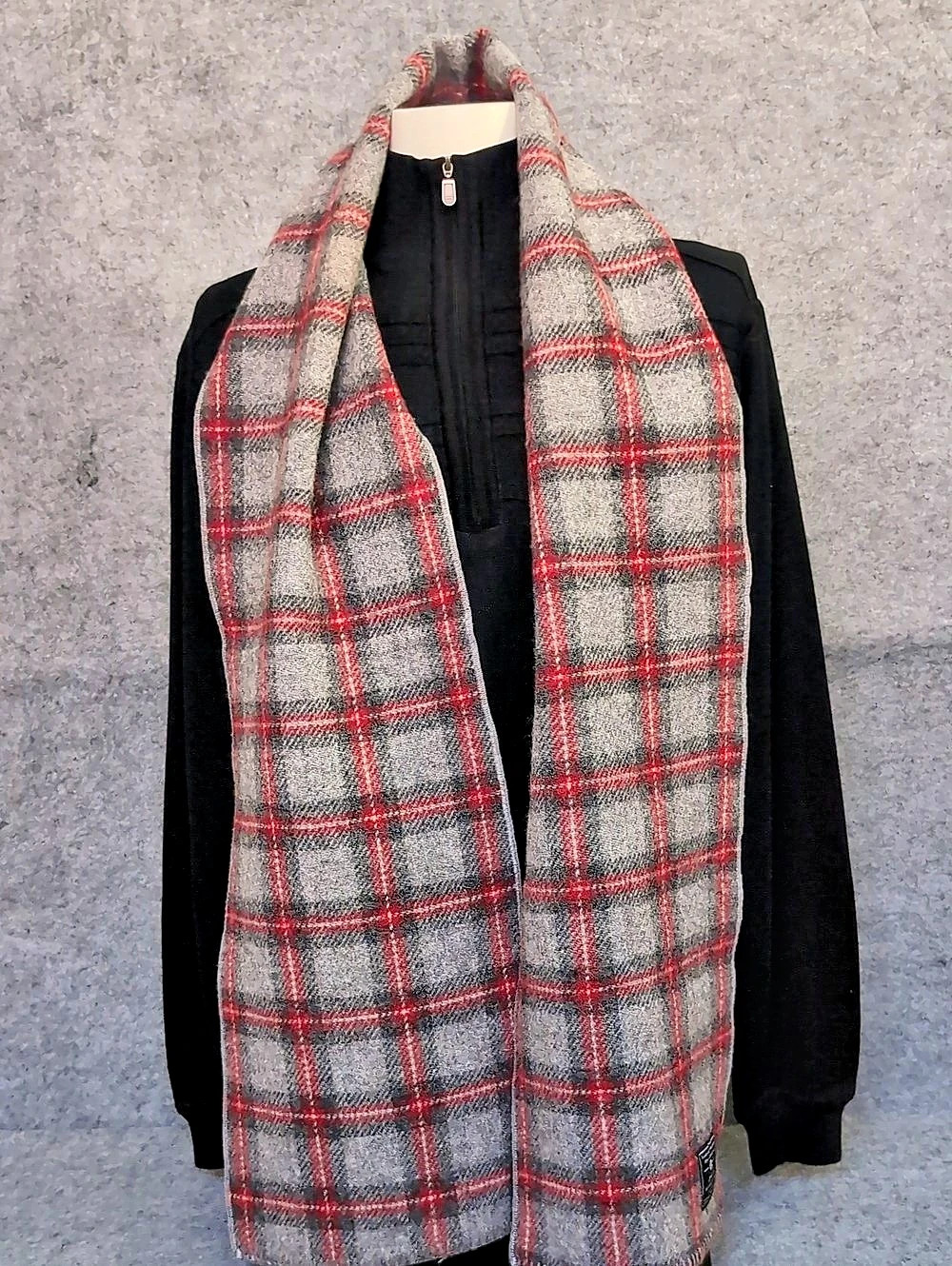 Faribault Woolen Mill Company Plaid Virgin Wool Scarf in Gray & Red